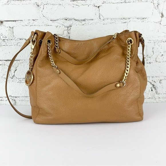 Michael Kors Gold Chain Jet Set Drawstring Tan Brown Leather Satchel Purse - Picture 3 of 12